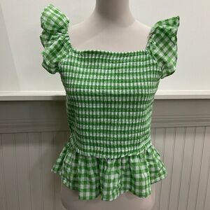 Draper James Gingham Smocked Peplum Top Green White Size L Cotton Cottagecore
